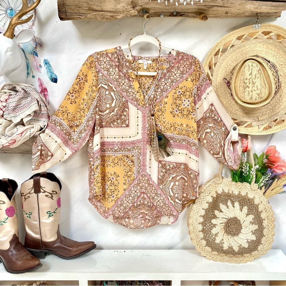 Bohemian Paisley Print boho Blouse w southwestern prairie vibe